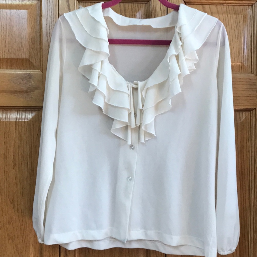 Vintage ruffle button up blouse, sheer cream